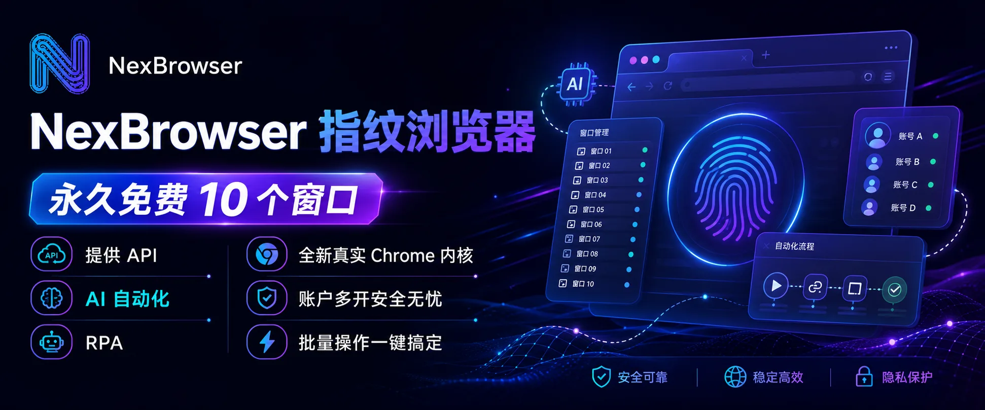 NexBrowser 指纹浏览器 —— 永久免费 10 个窗口，AI 自动化 / RPA / Chrome 内核